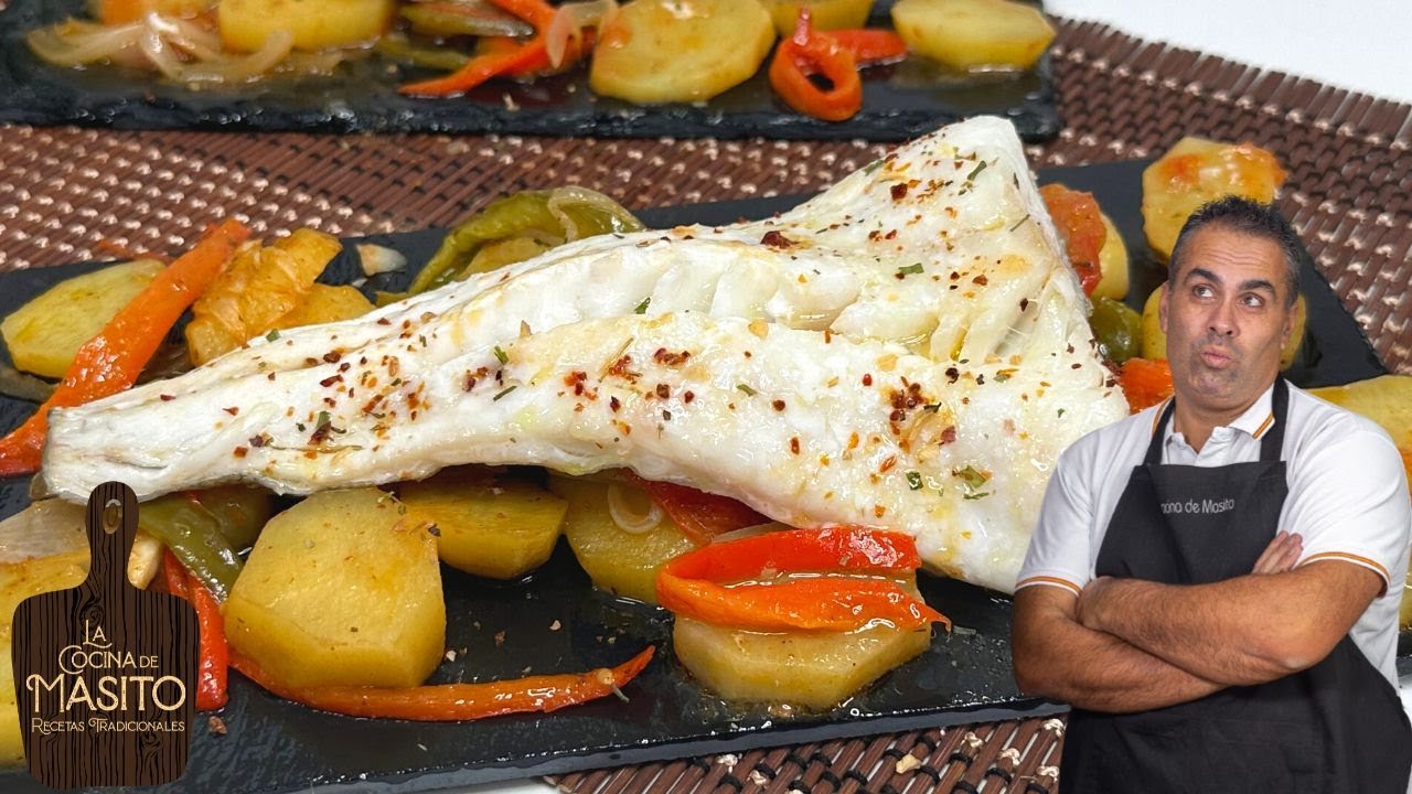 bacalao al horno con patatas panaderas cebolla y pimientos
