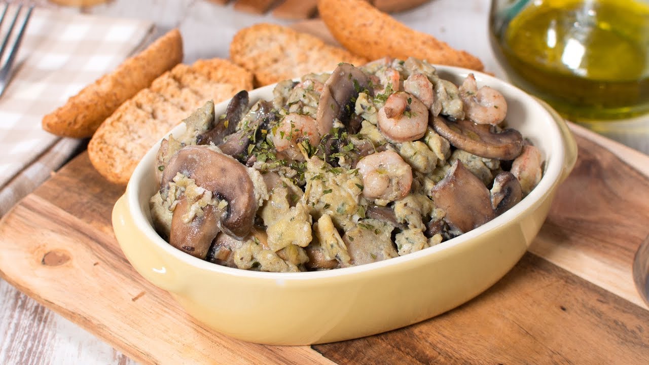 revuelto de champiñones y gambas